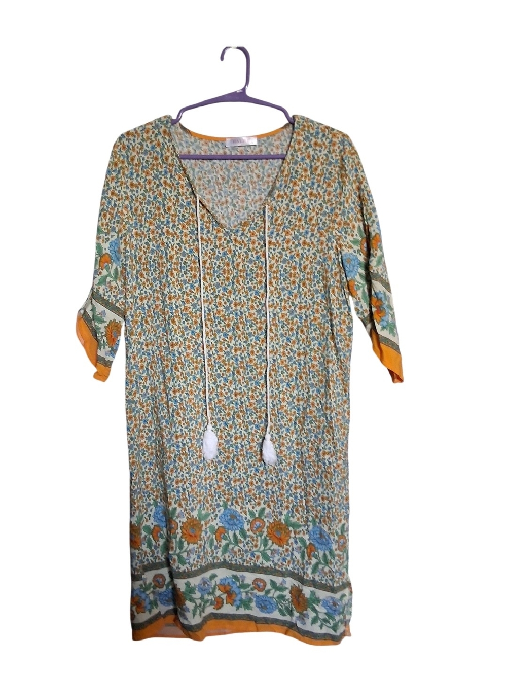 Boho Floral Midi Dress with Tassel Ties in Green and Orange EARRINGS INCLUDED